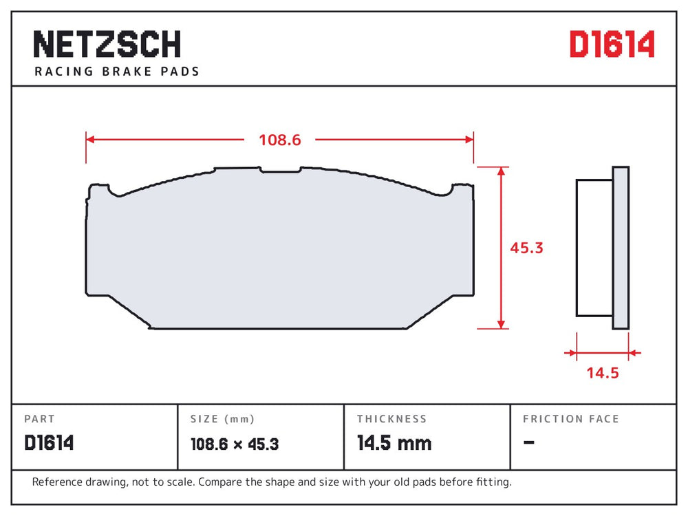 NETZSCH D1614 brake pad drawing, 14.5 mm thick