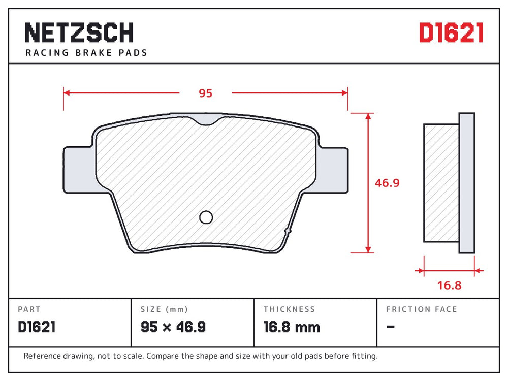 NETZSCH D1621 brake pad drawing, 16.8 mm thick