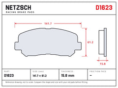 NETZSCH D1623 brake pad drawing, 15.8 mm thick