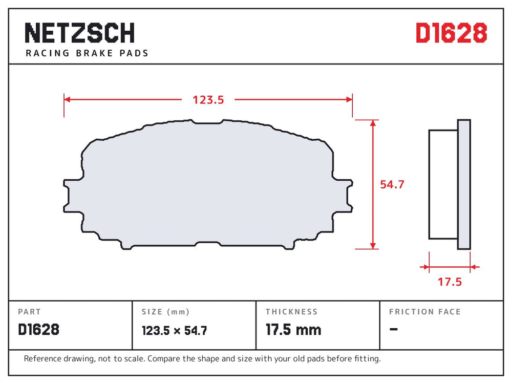NETZSCH D1628 brake pad drawing, 17.5 mm thick