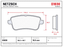 NETZSCH D1630 brake pad drawing, 15.5 mm thick