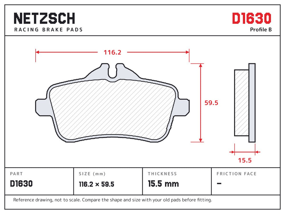 NETZSCH D1630 brake pad drawing, 15.5 mm thick