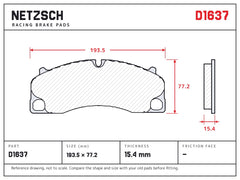 NETZSCH D1637 brake pad drawing, 15.4 mm thick