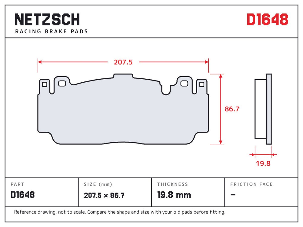 NETZSCH D1648 brake pad drawing, 19.8 mm thick