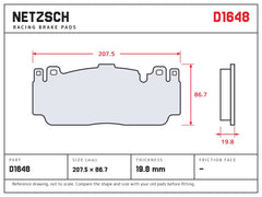 NETZSCH D1648 brake pad drawing, 19.8 mm thick