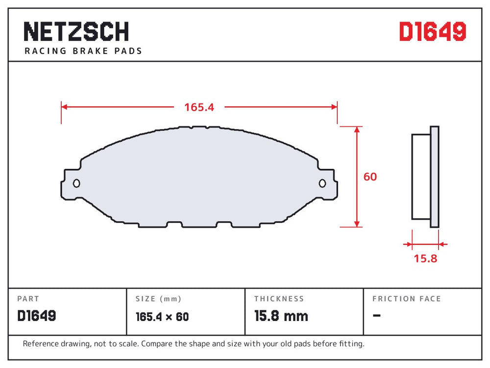 NETZSCH D1649 brake pad drawing, 15.8 mm thick