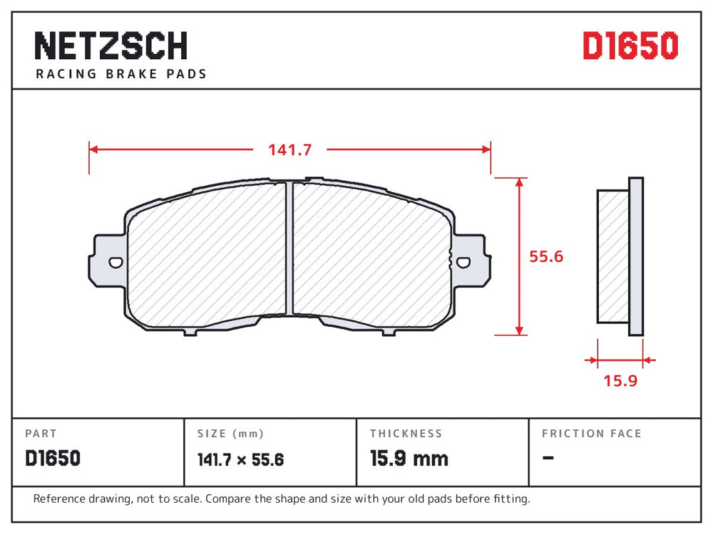 NETZSCH D1650 brake pad drawing, 15.9 mm thick