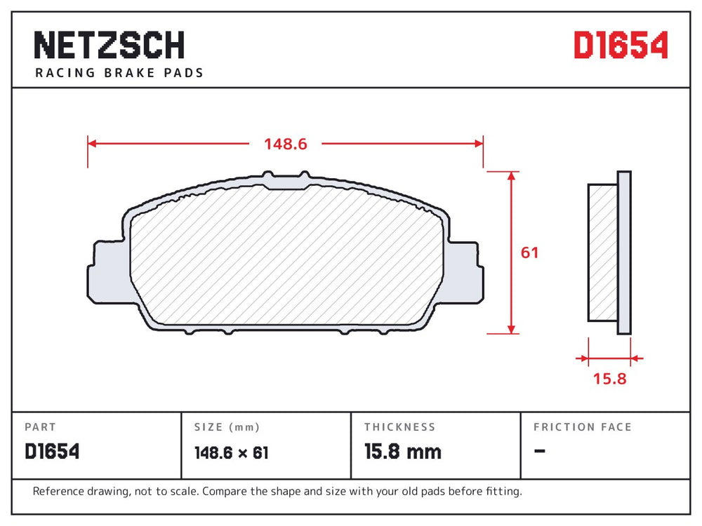 NETZSCH D1654 brake pad drawing, 15.8 mm thick