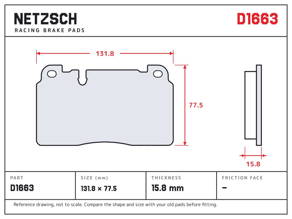 NETZSCH D1663 brake pad drawing, 15.8 mm thick