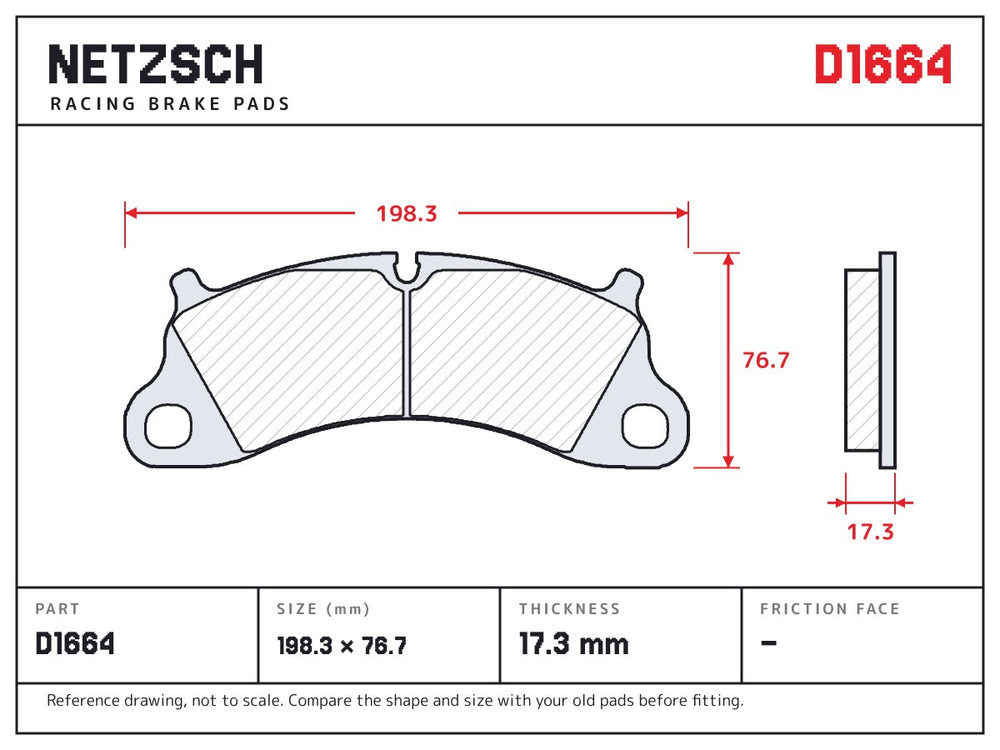 NETZSCH D1664 brake pad drawing, 17.3 mm thick