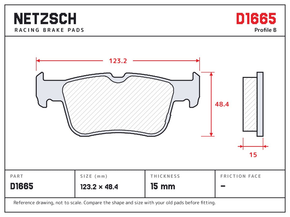 NETZSCH D1665 brake pad drawing, 15 mm thick