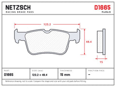 NETZSCH D1665 brake pad drawing, 15 mm thick