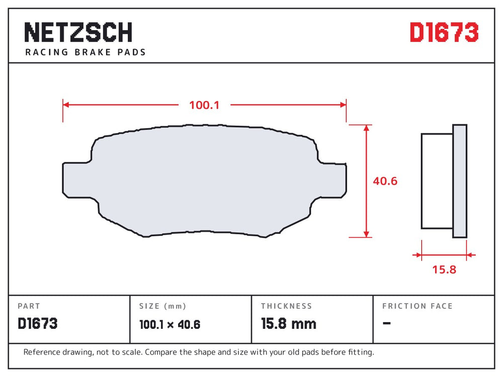 NETZSCH D1673 brake pad drawing, 15.8 mm thick