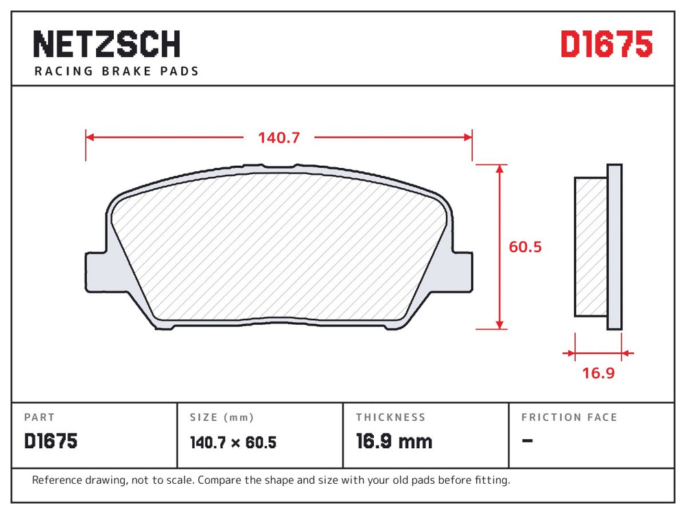 NETZSCH D1675 brake pad drawing, 16.9 mm thick