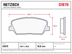 NETZSCH D1675 brake pad drawing, 16.9 mm thick
