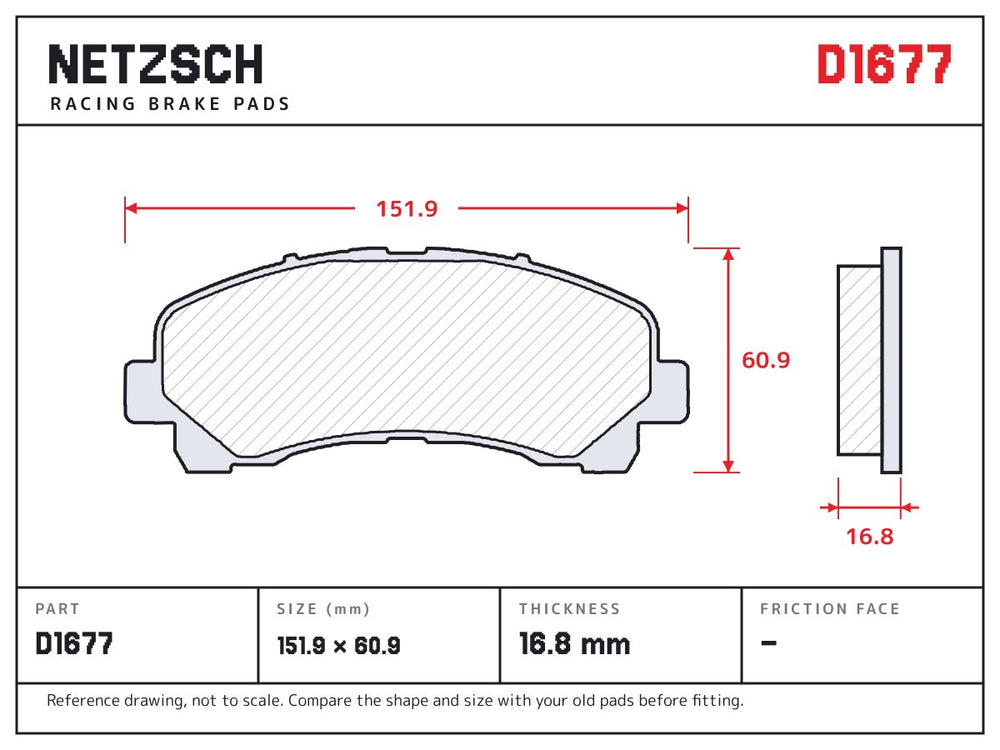 NETZSCH D1677 brake pad drawing, 16.8 mm thick