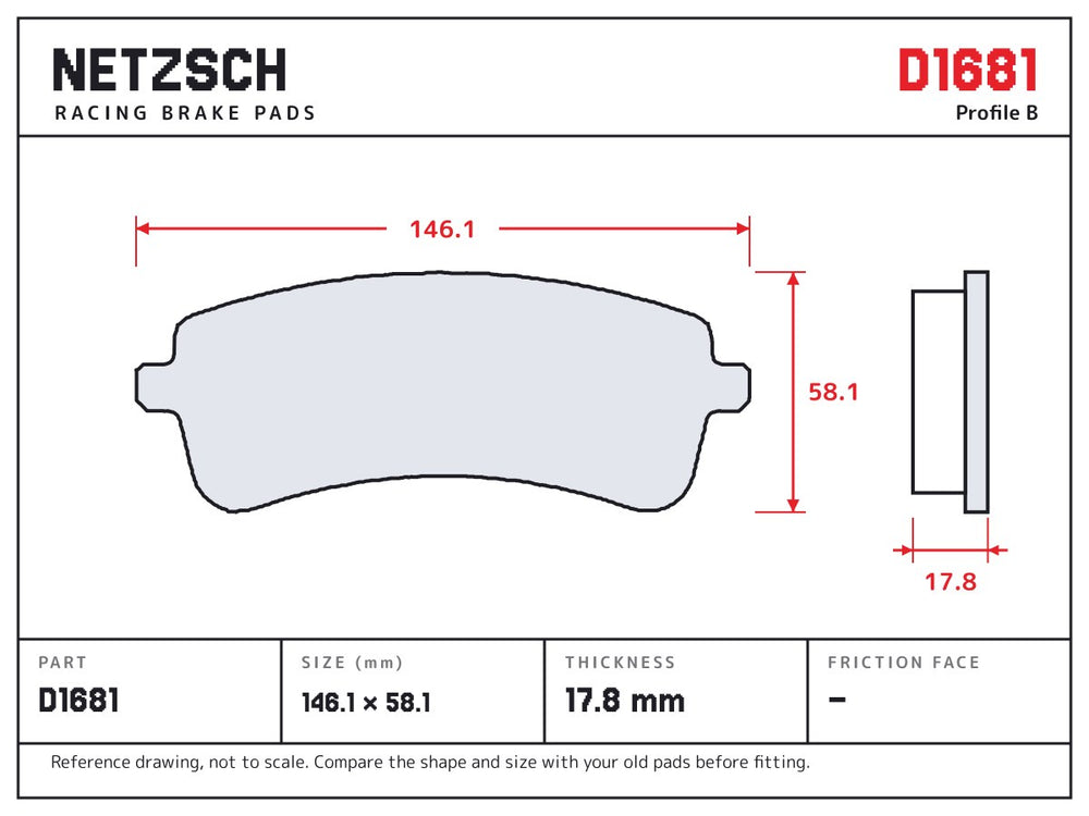 NETZSCH D1681 brake pad drawing, 17.8 mm thick
