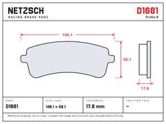 NETZSCH D1681 brake pad drawing, 17.8 mm thick