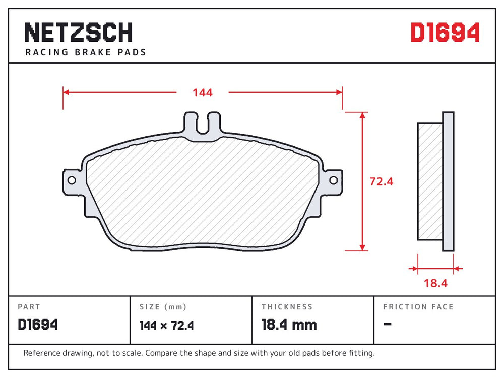 NETZSCH D1694 brake pad drawing, 18.4 mm thick