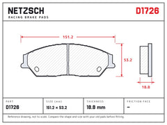 NETZSCH D1726 brake pad drawing, 18.8 mm thick