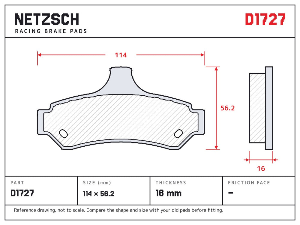 NETZSCH D1727 brake pad drawing, 16 mm thick