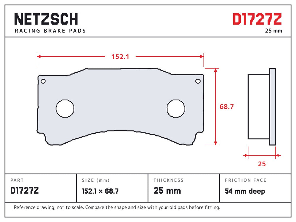 NETZSCH D1727Z brake pad drawing, 25 mm thick
