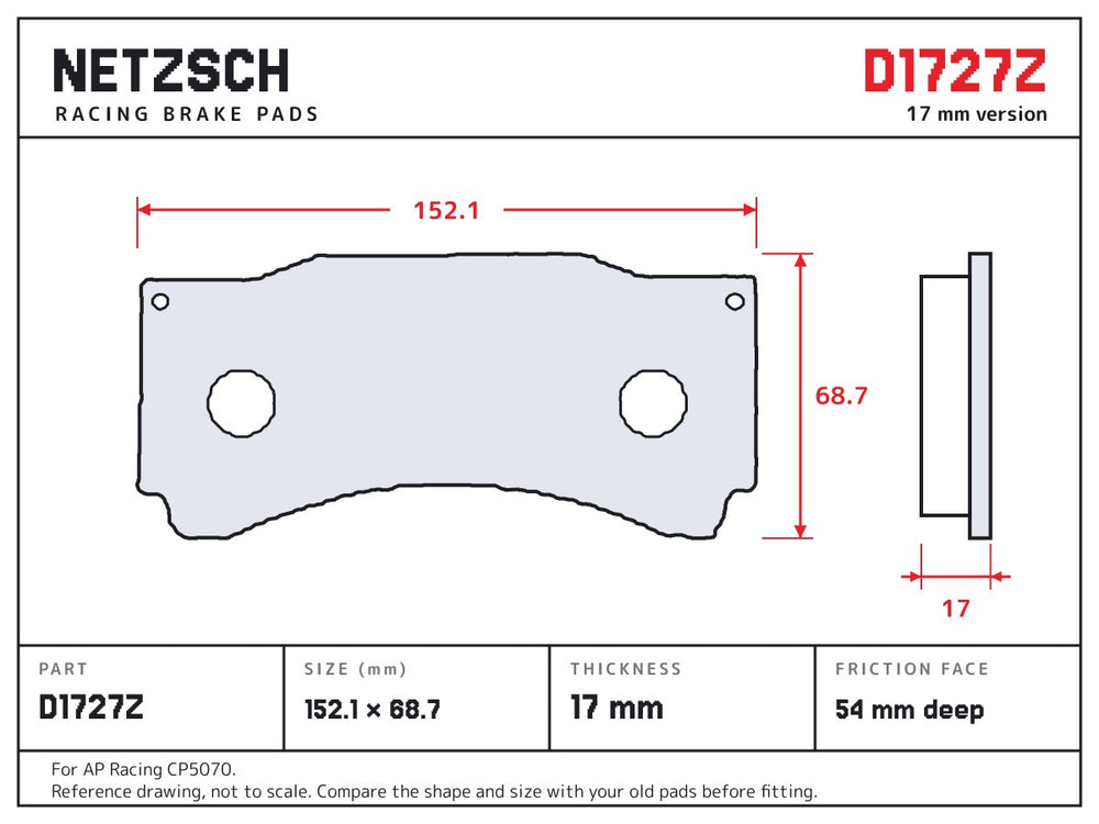 NETZSCH D1727Z brake pad drawing, 17 mm thick