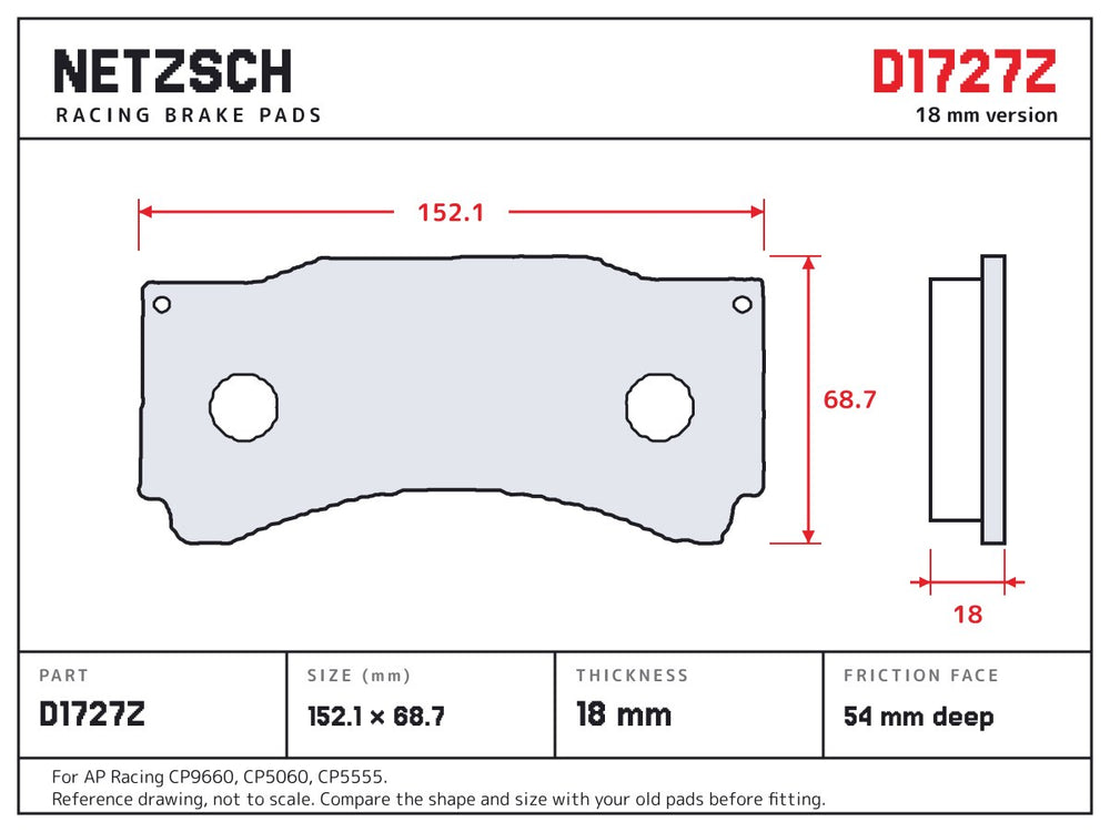 NETZSCH D1727Z brake pad drawing, 18 mm thick