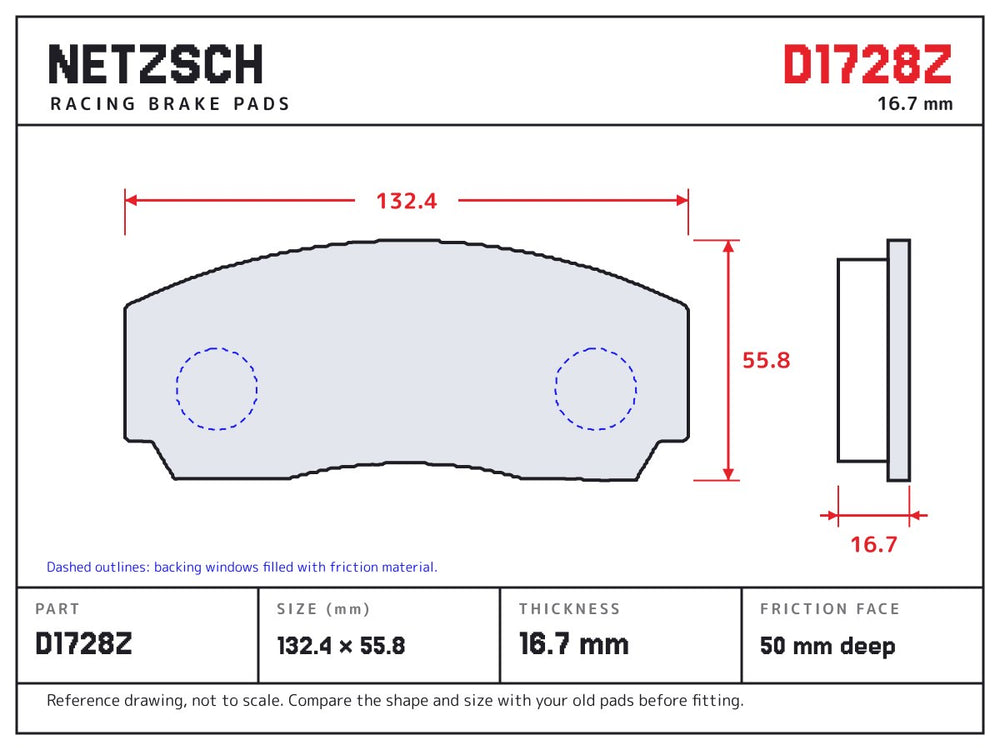 NETZSCH D1728Z brake pad drawing, 16.7 mm thick