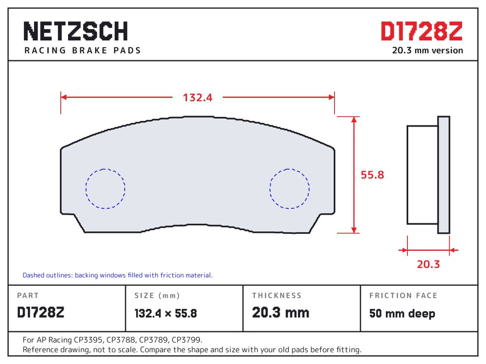 NETZSCH D1728Z brake pad drawing, 20.3 mm thick
