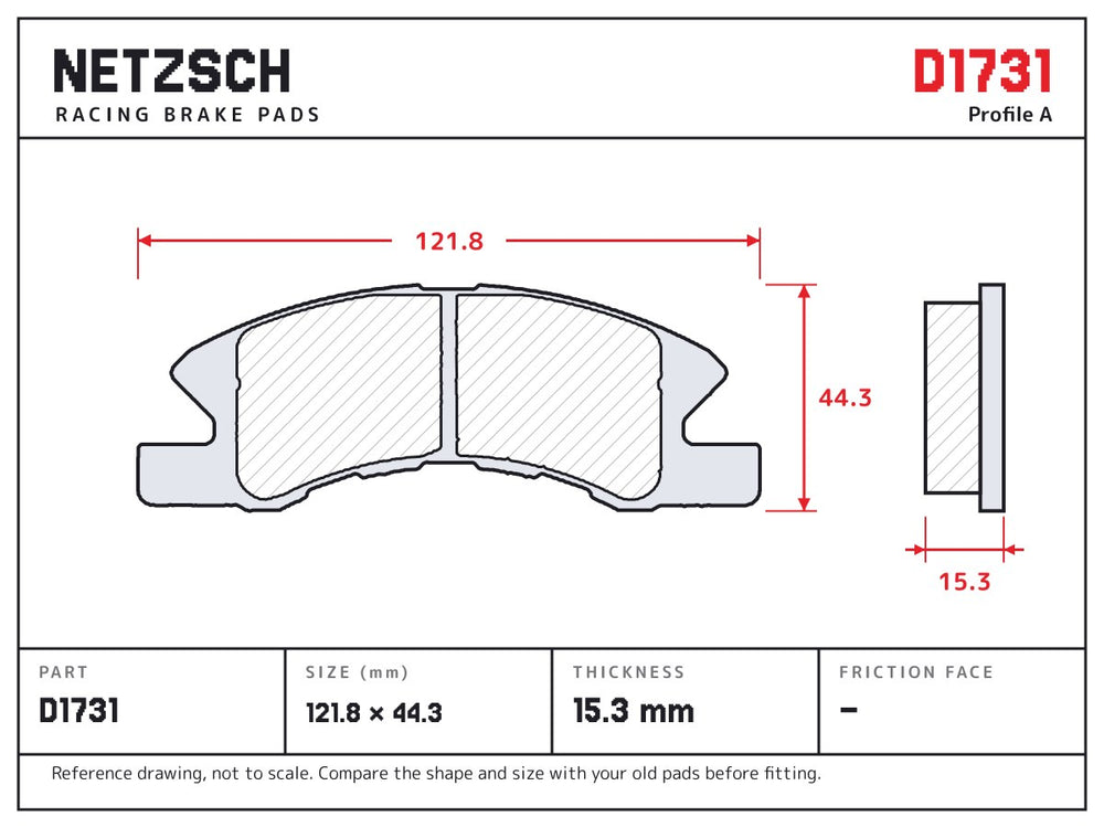 NETZSCH D1731 brake pad drawing, 15.3 mm thick