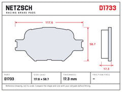 NETZSCH D1733 brake pad drawing, 17.3 mm thick