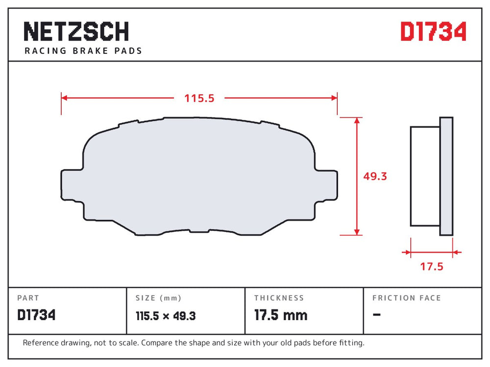 NETZSCH D1734 brake pad drawing, 17.5 mm thick