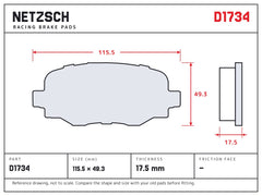 NETZSCH D1734 brake pad drawing, 17.5 mm thick