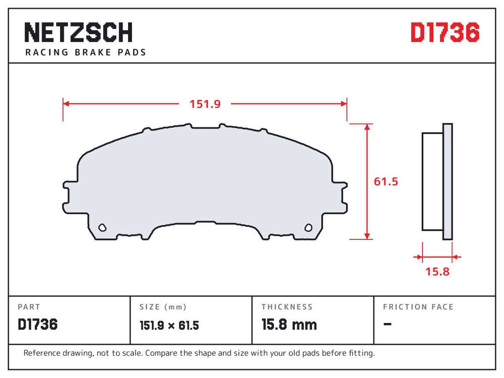 NETZSCH D1736 brake pad drawing, 15.8 mm thick