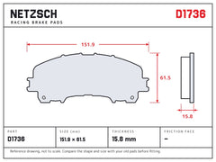 NETZSCH D1736 brake pad drawing, 15.8 mm thick