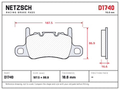 NETZSCH D1740 brake pad drawing, 16.6 mm thick