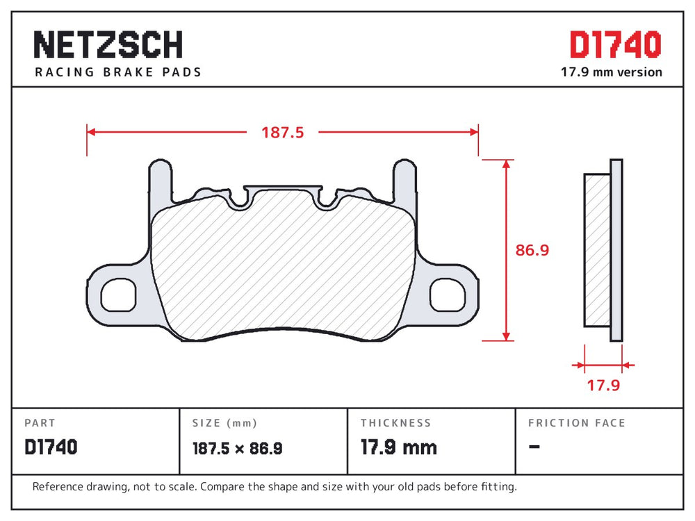 NETZSCH D1740 brake pad drawing, 17.9 mm thick