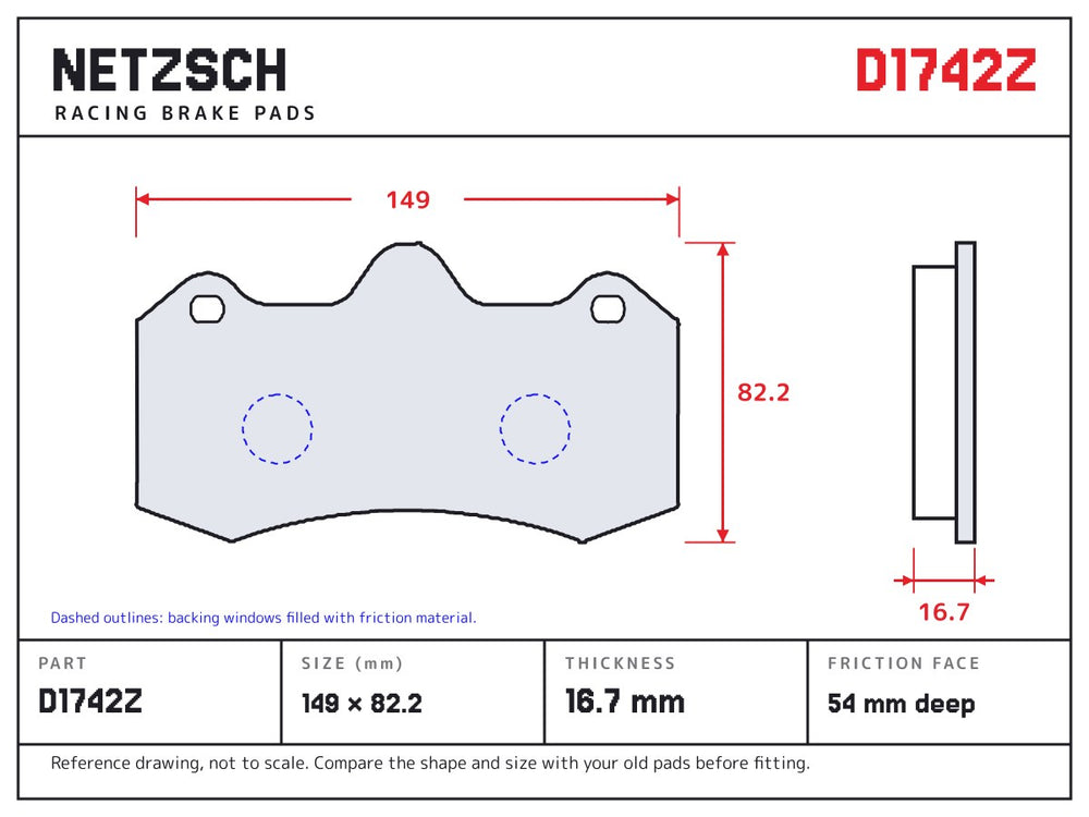NETZSCH D1742Z brake pad drawing, 16.7 mm thick