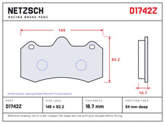 NETZSCH D1742Z brake pad drawing, 16.7 mm thick