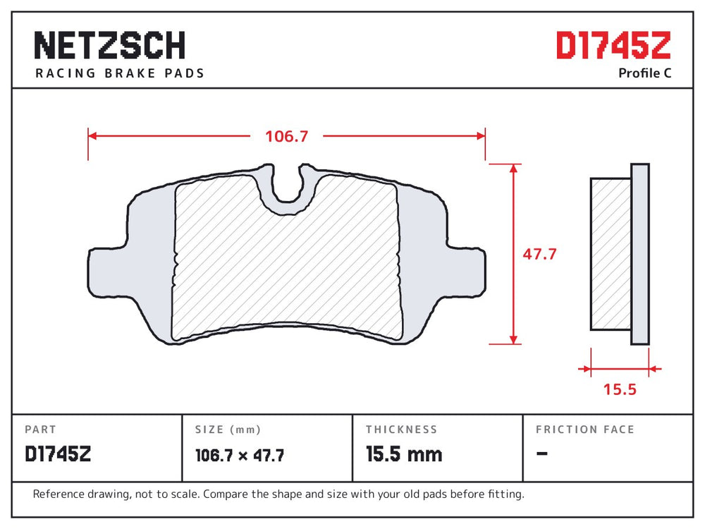 NETZSCH D1745Z brake pad drawing, 15.5 mm thick