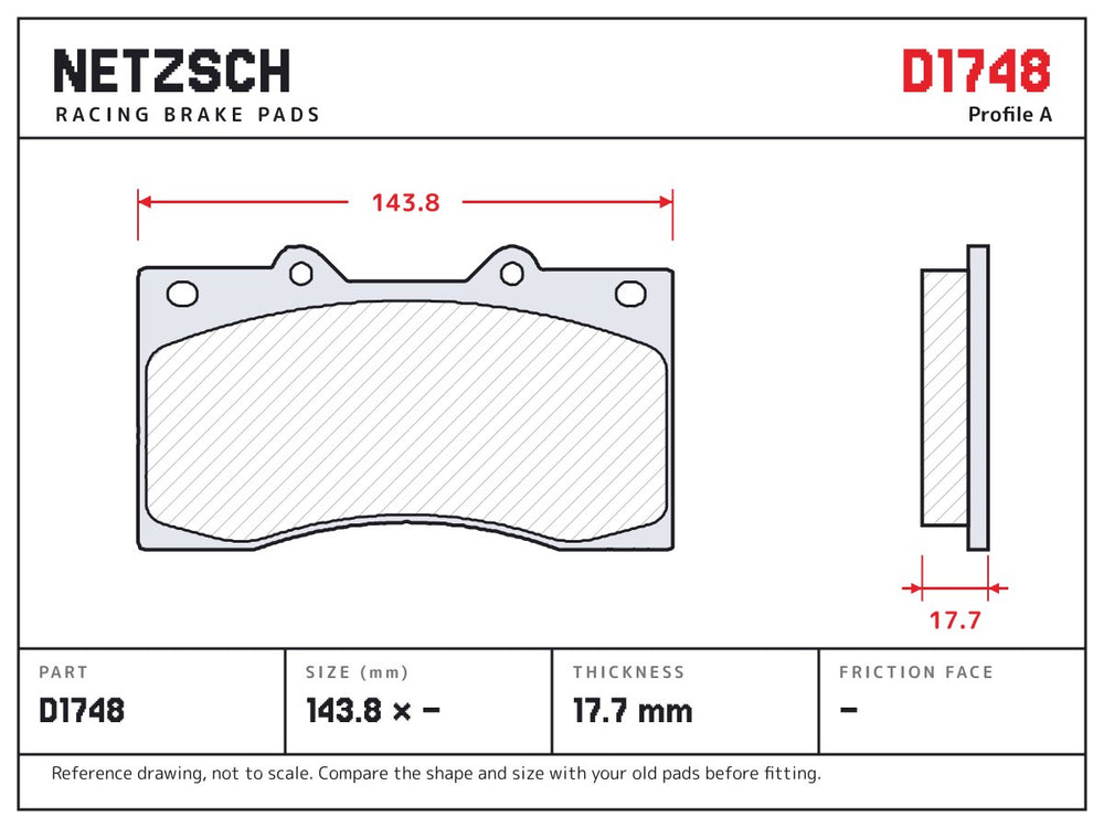 NETZSCH D1748 brake pad drawing, 17.7 mm thick