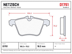 NETZSCH D1751 brake pad drawing, 19.2 mm thick