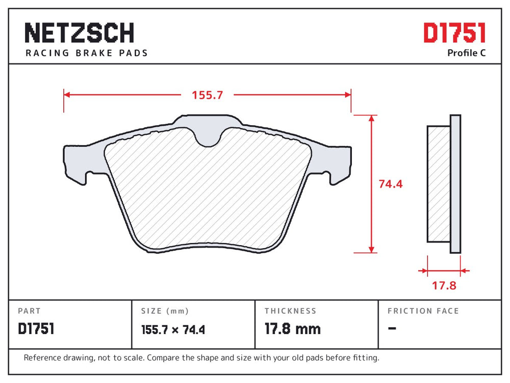 NETZSCH D1751 brake pad drawing, 17.8 mm thick
