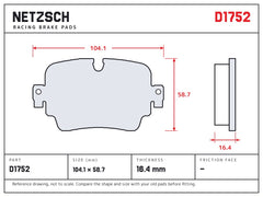 NETZSCH D1752 brake pad drawing, 16.4 mm thick