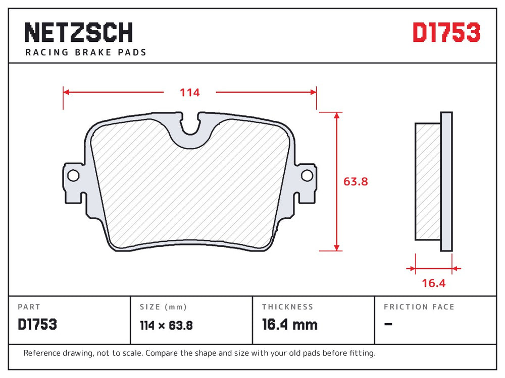 NETZSCH D1753 brake pad drawing, 16.4 mm thick