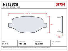 NETZSCH D1754 brake pad drawing, 16.9 mm thick