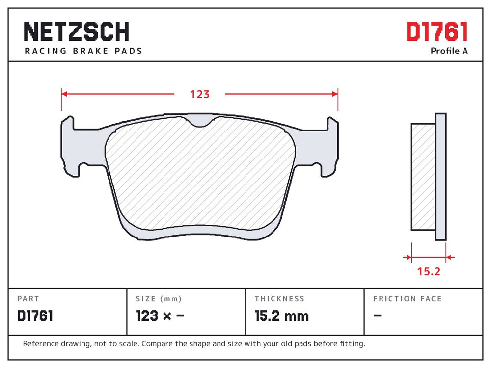 NETZSCH D1761 brake pad drawing, 15.2 mm thick