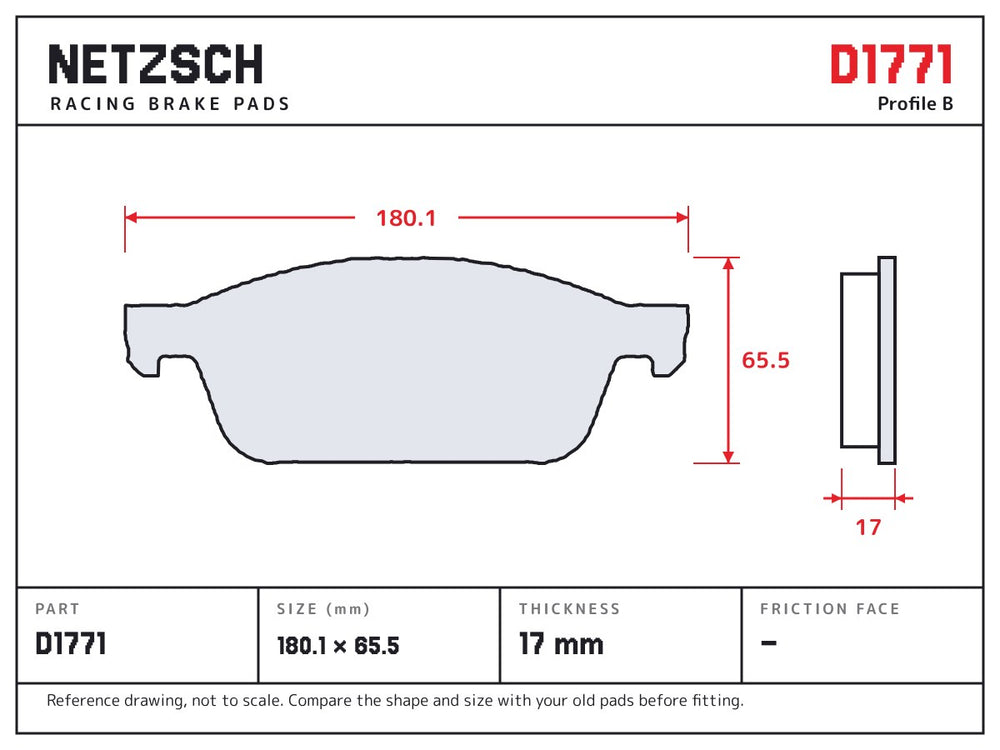 NETZSCH D1771 brake pad drawing, 17 mm thick