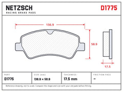 NETZSCH D1775 brake pad drawing, 17.5 mm thick